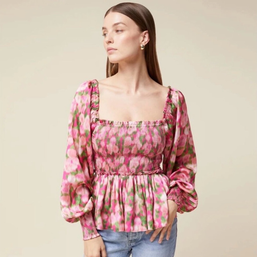 Rachel Parcell floral long sleeve Smocked Blouse pink roses size S